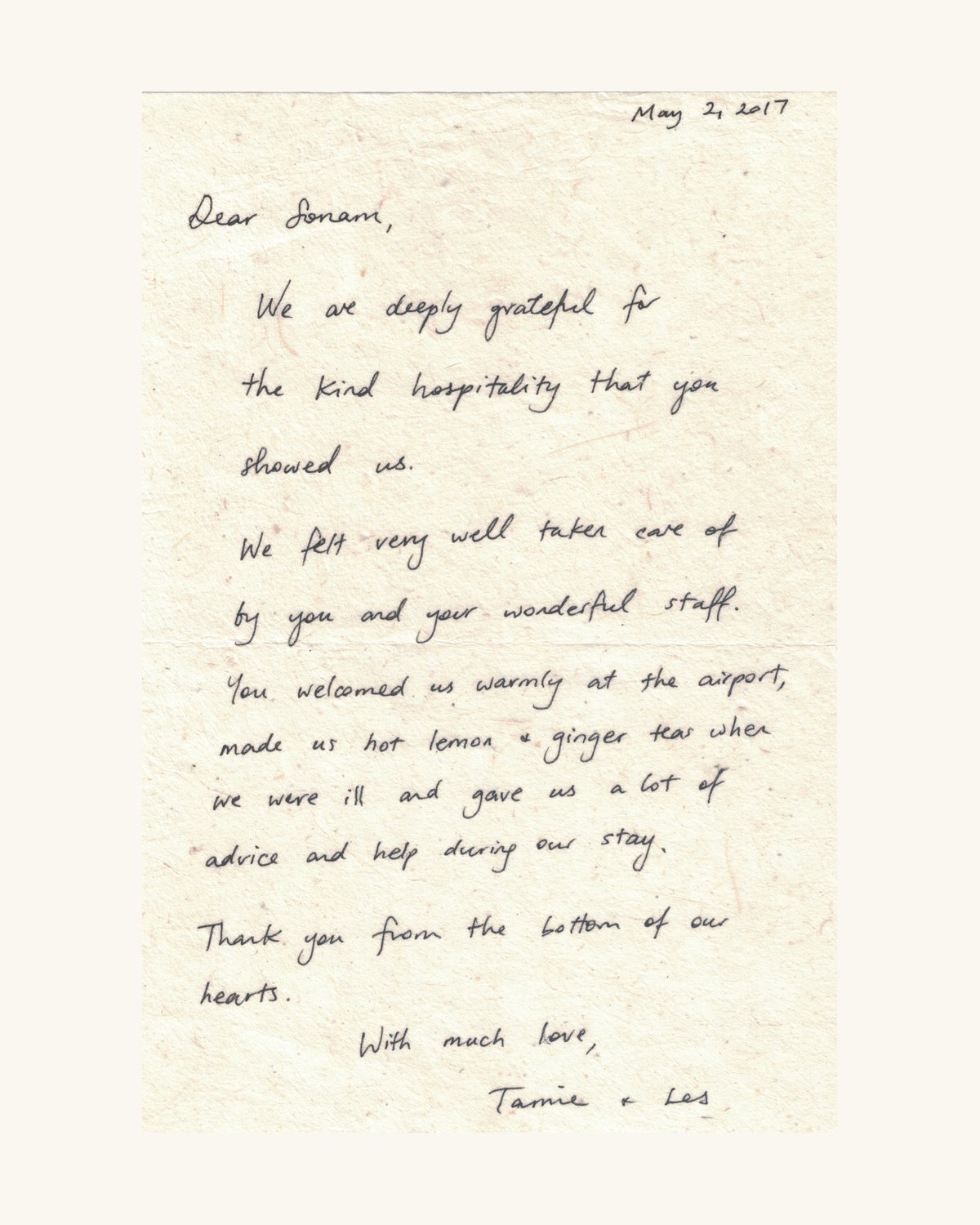 Handwritten thank-you note from a guest who felt warmly cared for, 2017