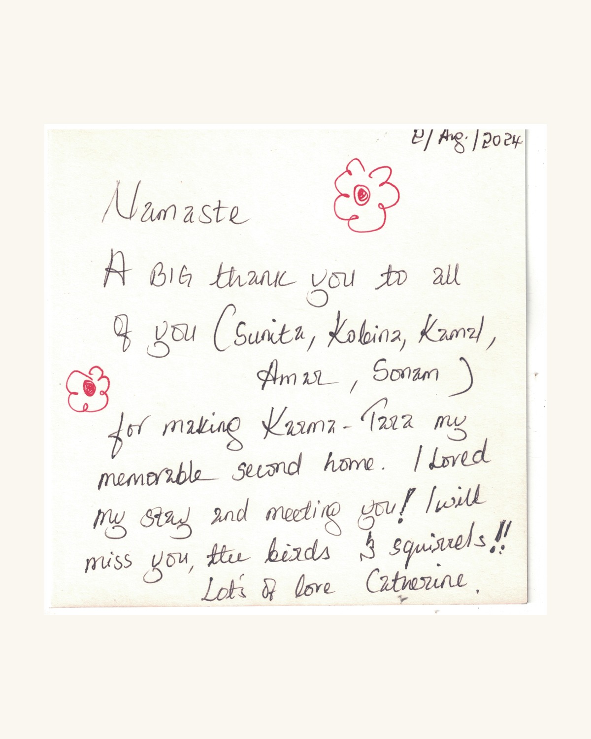 Handwritten note from a guest calling Karma Tara a memorable second home, 2024