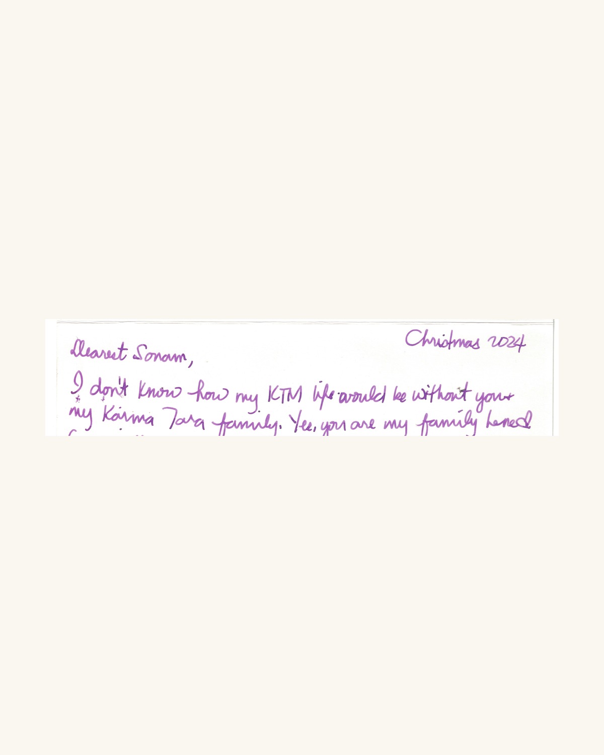 Handwritten Christmas note from a guest who felt part of the Karma Tara family, 2024