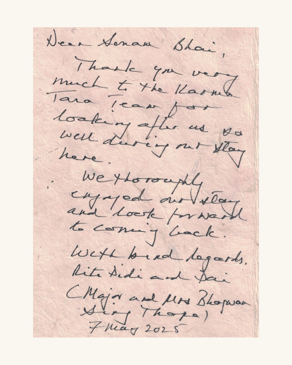 Handwritten thank-you note from long-staying guests, 2025