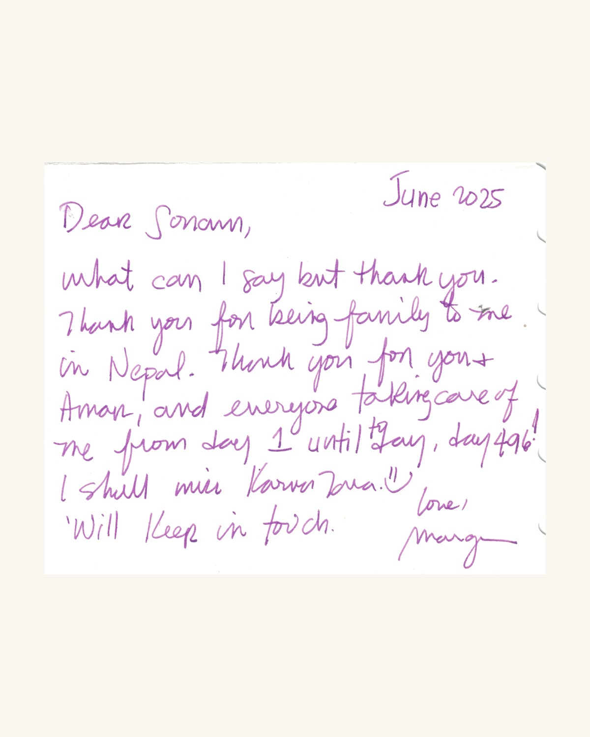 Handwritten note from a guest who stayed many months and felt like family, 2025