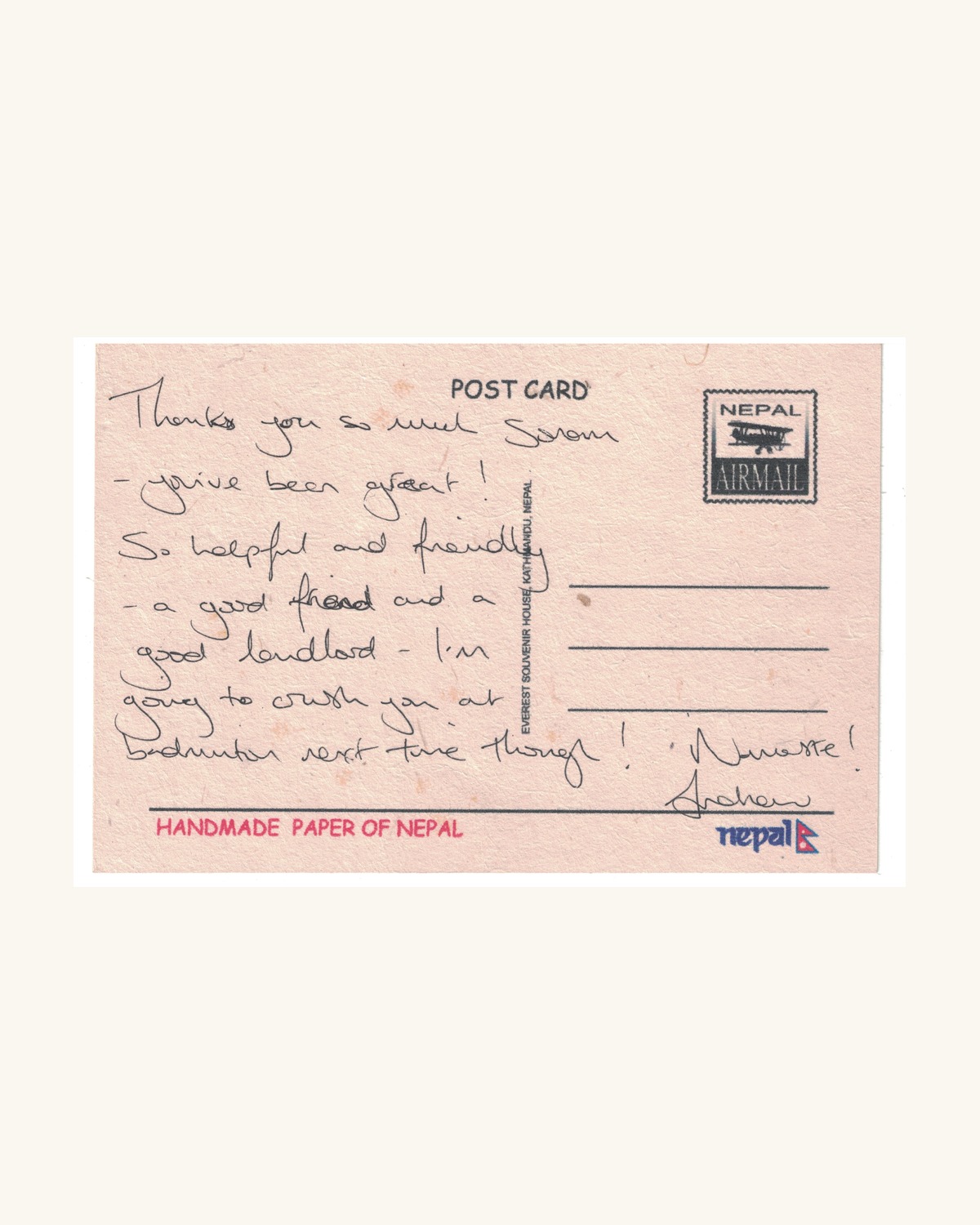 Handwritten airmail postcard from a guest thanking the family warmly